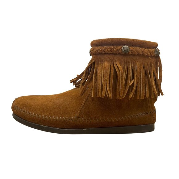 Minnetonka Women’s Dusty Brown Suede Zip Closure Fringe Ankle Boots Size 9 - Picture 4 of 9